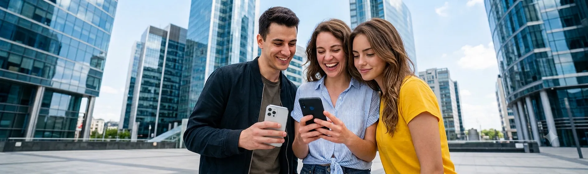 Three friends sharing an event page on their phones