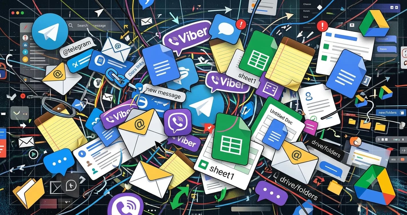 Chaos of many tools — Telegram, Viber, Docs, Sheets, Drive, Notes, email — used to plan events today