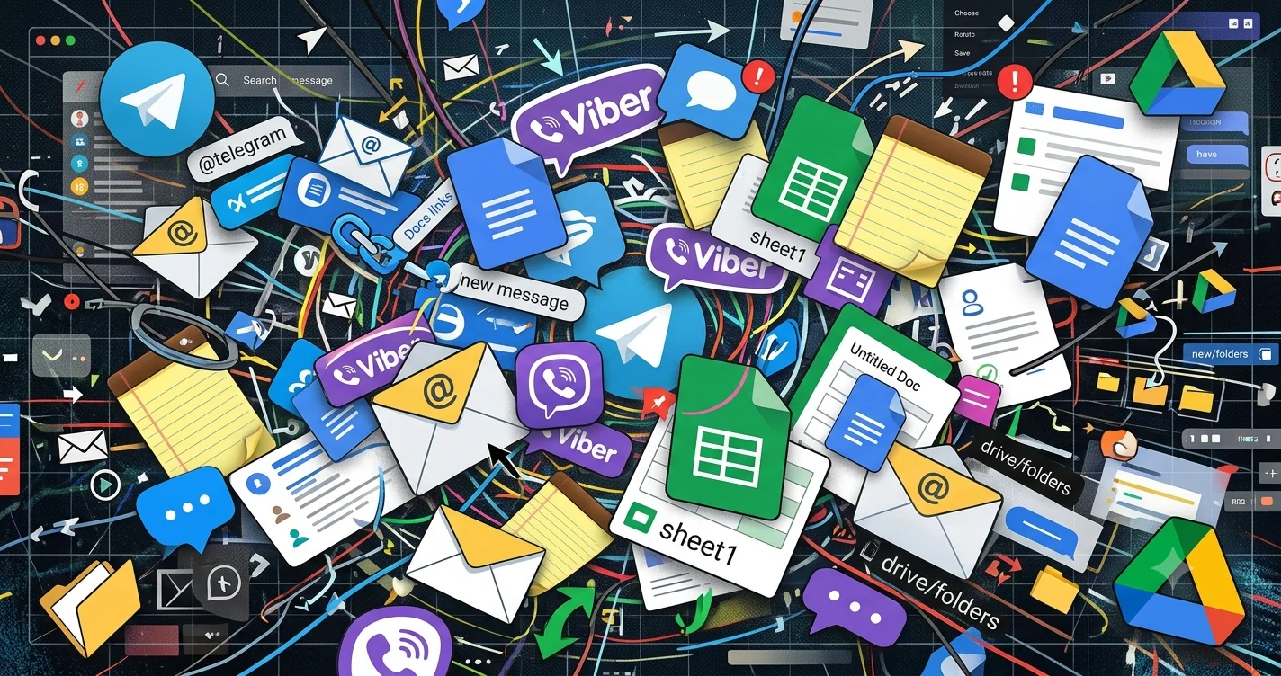 Chaos of many tools — Telegram, Viber, Docs, Sheets, Drive, Notes, email — used to plan events today